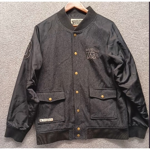 Us Versus Them Wool Varsity Jacket Men's M Black Snap Front Quilted Lining